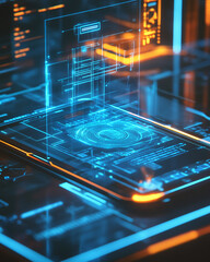 Poster - A futuristic phone with a blue and orange holographic interface shows a circular pattern