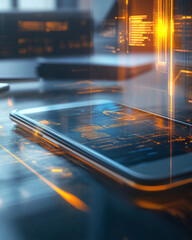 Aufkleber - A smartphone sits on a desk, its screen glowing with abstract digital patterns