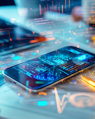Aufkleber - A smartphone with glowing blue and orange data displays lies on a desk, suggesting modern digital technologies