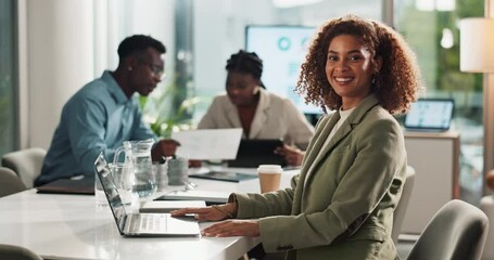 Leinwandbilder - Happy, business woman and analyst with laptop in boardroom for company improvement or performance at office. Portrait, female person or developer with smile for analytics or statistics at workplace