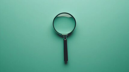 A magnifying glass positioned on a turquoise background from a top view, symbolizing search and discovery -