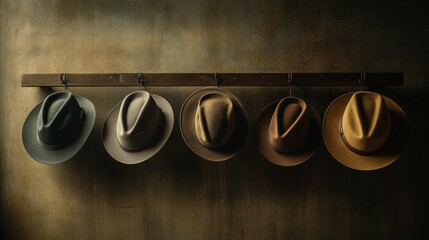 Aufkleber - Several elegant fedora hats hang in a neat row on a wooden rack, showcasing their diverse colors against a textured, warm-toned wall. Generative AI