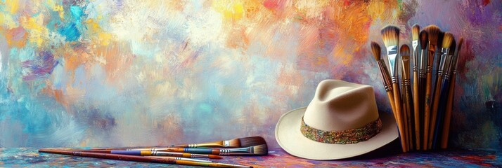Poster - An artist's hat lies next to a collection of brushes and paint tubes on an easel, creating an inspiring atmosphere for creativity. Generative AI