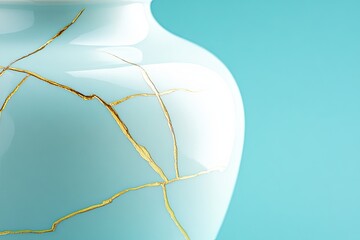 Aufkleber - Reviving Beauty: A Kintsugi Vase With Striking Gold Lines on a Serene Blue Background