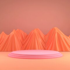 Minimalist pink podium with orange mountain background.