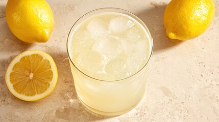 Poster - Glass of Lemonade with Ice and Lemon Slices on a Light Beige Background