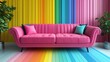© Muzamil - Modern Memphis-style room with a striped wall and pink sofa, showcasing vibrant colors and playful design.