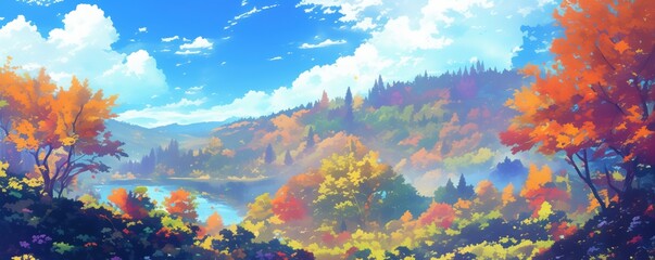 Beautiful anime-style illustration of a mountain valley with colorful autumn foliage