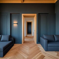 Modern living room interior with dark blue walls, wooden floor, and two couches.