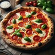 © gassh - Pizza with salami and basil cheese mozzarella food delicious concept