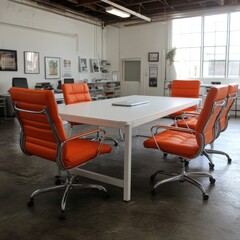 Modern office conference room with a white table and orange chairs.