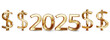 © wetzkaz - year 2025, bold letters number 2025 as new year and sylvester as luxury and good best changes, isolated gold metallic glossy shiny color and USD as US-Dollar