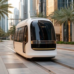 Modern white autonomous tram on rails in city street.