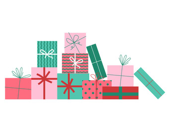 happy birthday. merry christmas. gifts with bows and ribbons. stack of colorful present gift boxes. 