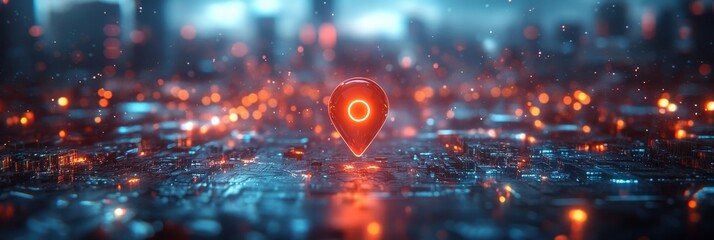 Poster - This image illustrates a blue city pin with a cityscape and network connection, showing a city's location on the map and its connection to the network