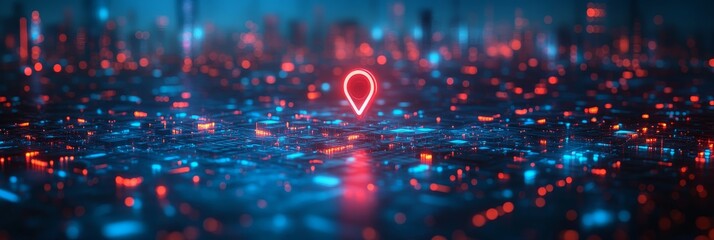 Poster - Blue city pin in a cityscape indicating a city's location on the map and its network connection