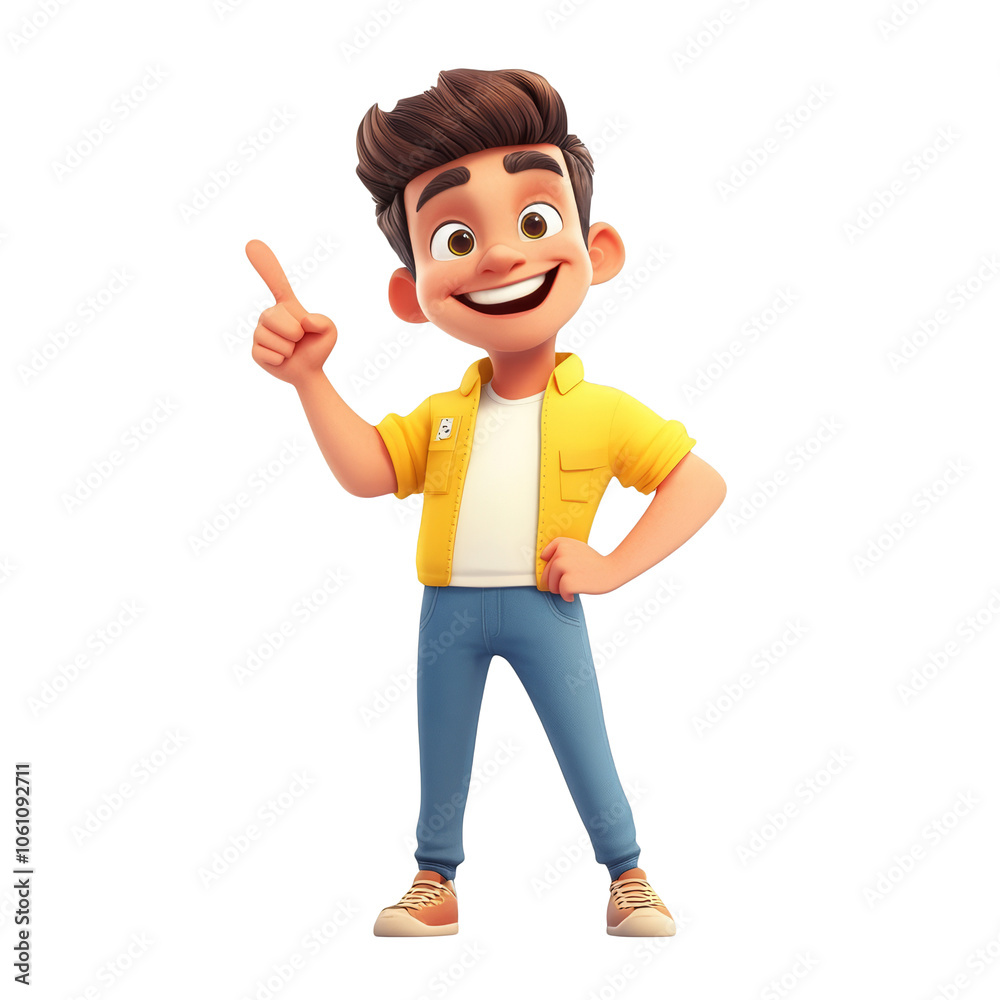 3d Cartoon Boy Pointing Up Index Finger Smiling Character Isolated