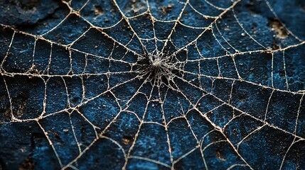 Close-up of a spider web on a textured surface, showcasing intricate patterns.