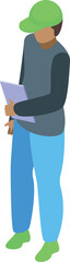 Poster - Delivery man holding tablet, looking down, wearing green cap, isometric icon