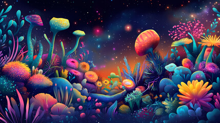 Wall Mural - Colorful abstract alien landscape featuring vibrant creatures and cosmic elements against a dark starry background. Alien Flora and Fauna. Illustration