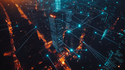 Smart digital city with connection cyber security network reciprocity over the cityscape . future smart wireless digital city and social media networking systems that connects people within the city