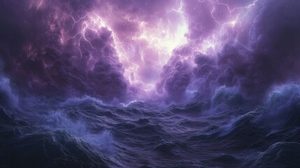 Poster - This is a black spotlight smoke stage entertainment background with the image of purple lightning. The scene is hyper realistic.