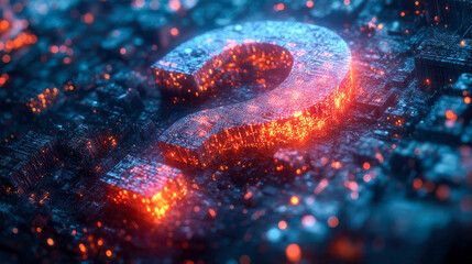 Poster - A digital question mark floating above a holographic circuit board background, symbolizing queries, problem-solving, and digital knowledge