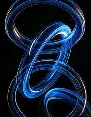 Poster - Abstract Blue and Gold Rings on Black Background,Abstract image featuring blue and gold rings, with a blurred effect, against a black backdrop. The rings are intertwined, creating a dynamic and modern