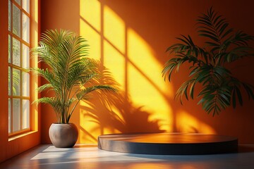 Poster - Stunning mockup of a palm tree shadow on a pastel earthy orange background on a sunny summer day.