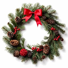 A traditional Christmas wreath made of pine branches, decorated with pine cones, red berries, and a red ribbon, set against a white background for a crisp holiday feel