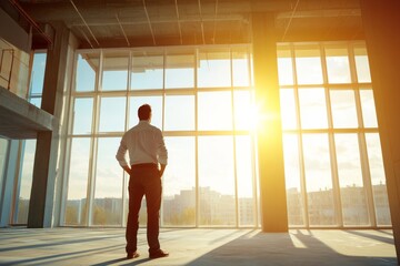 Proud Architect Gazing at Their Creation in Sunlit Modern Building, Symbolizing Accomplishment