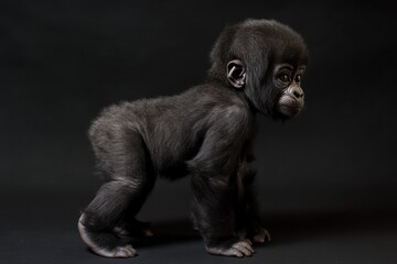 the beside view baby Gorilla primate standing, left side view, low angle, white copy space on right, Isolated on black Background