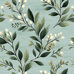 Wall Mural - Seamless pattern of white flowers and green leaves on a blue background.