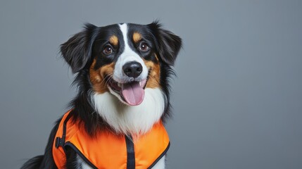 Studio shot of a dog in an orange vest supporting a volunteer cleanup day.