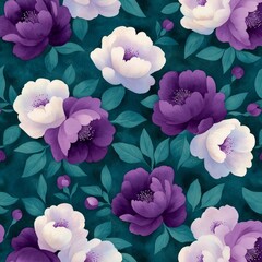 Seamless pattern with purple and white flowers on a teal background.