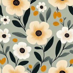 Wall Mural - Seamless pattern with white and yellow flowers, green leaves, and orange berries on a gray background.