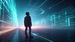 © Bi - A lone figure stands on a digital path, surrounded by glowing cyan lines and rectangles, creating a futuristic and mysterious scene.