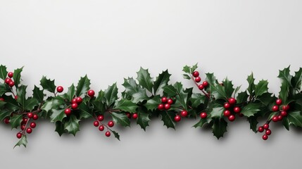 This image showcases a festive garland made of lush green holly leaves adorned with vibrant red berries, capturing the essence of holiday decoration and cheer.