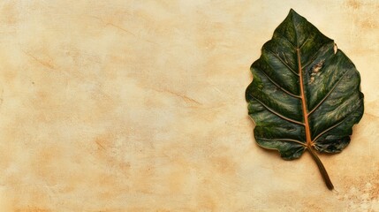 Poster - A Single Green Leaf on a Beige Textured Surface