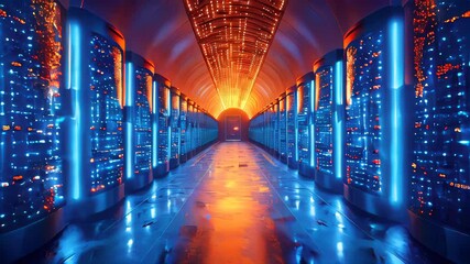 Poster - interior of a data center with neon lights