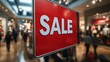 © Katarina - A prominent red 'SALE' sign hangs in a busy shopping mall, signaling discounts. The background is filled with blurred shops and walking shoppers, creating a dynamic atmosphere.