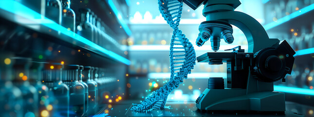 Poster - A blue DNA strand stands next to a microscope in a laboratory setting
