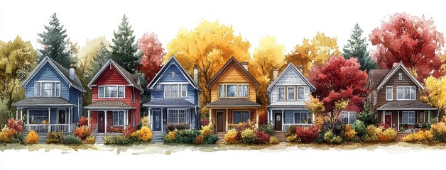 Poster - Illustration of simple small town houses on white with a minimalistic design.