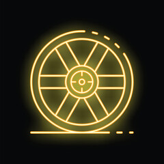 Poster - Yellow neon sign of a simple wheel with spokes rolling on black background, minimalist glowing design
