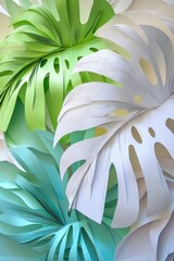 Bas relief art features Monstera leaves in lush green shades against a complementary background, enhancing natureinspired decor in an elegant manner