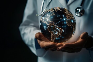 as part of a grand display, a doctor holds a holographic globe that symbolizes the extraordinary con