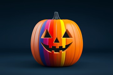 A jack-o'-lantern with a rainbow pattern, isolated against a dark background.