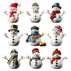 Wall Mural - set of snowman isolated on transparent background, png elements collection.