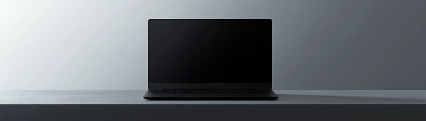 Poster - Black Laptop on a Gray Surface with a White Background