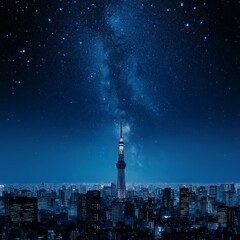 The Milky Way shines over a cityscape with a tall tower reaching for the sky.